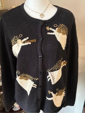 Vintage Angel Novelty Cardigan Beaded Embroidered Sweater Women Medium Black